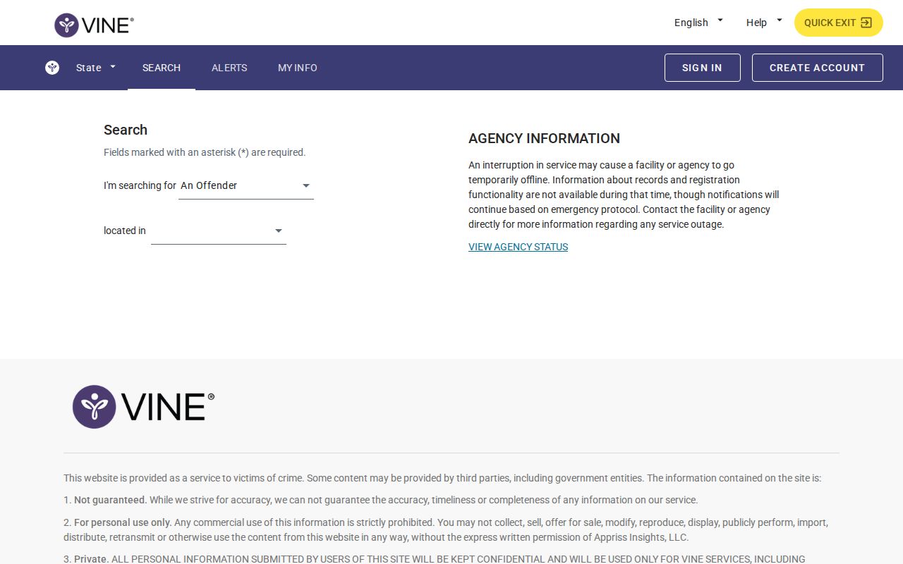 VINE notification registration interface for Doña Ana County release alerts